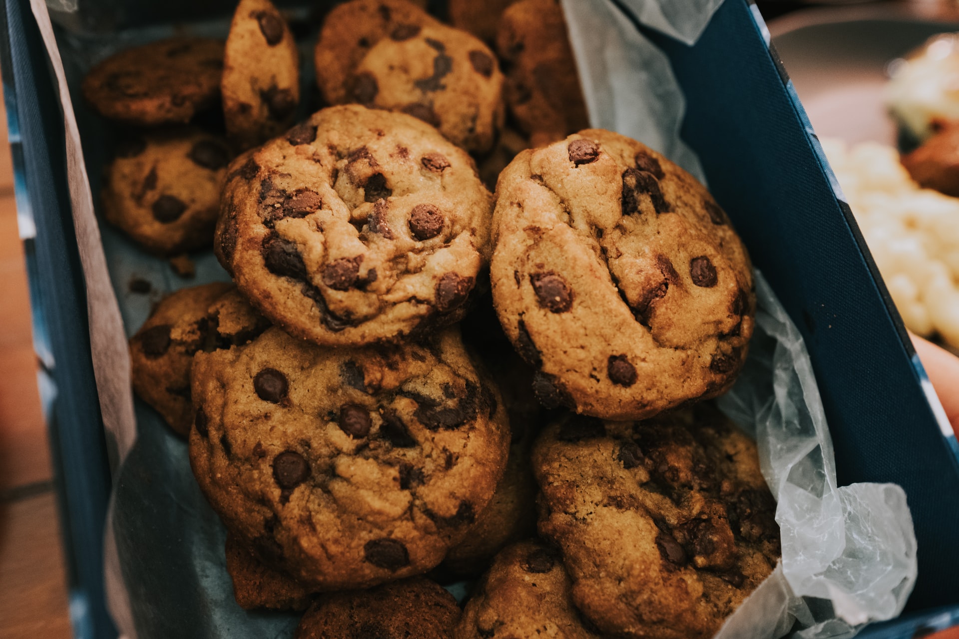 A box of chocolate chip cookies.